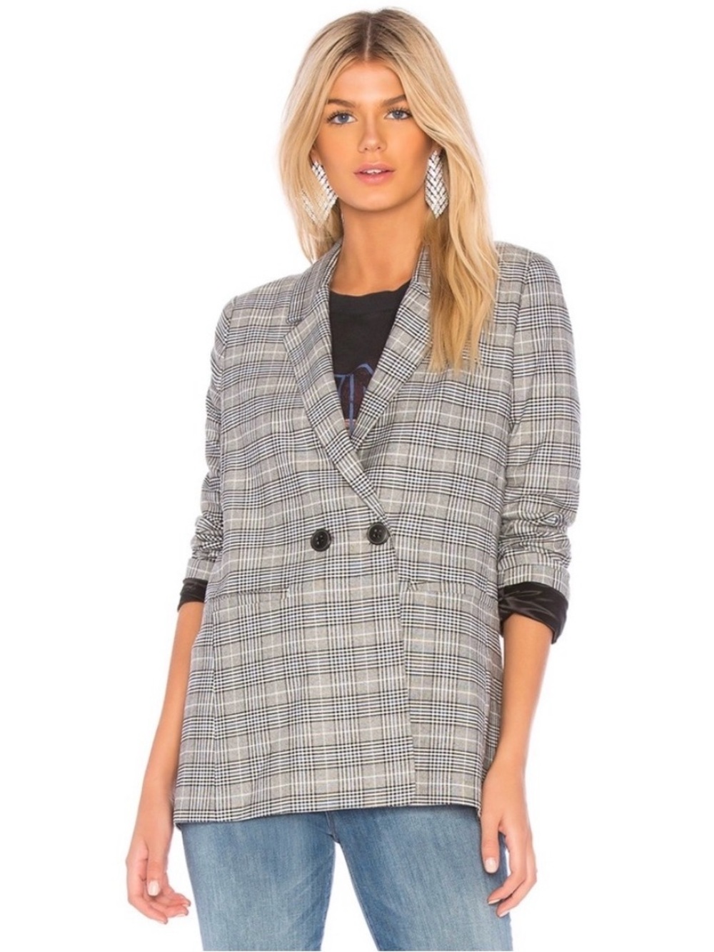 ANINE BING Madeleine Blazer Gray Black White Plaid Double-Breasted XS